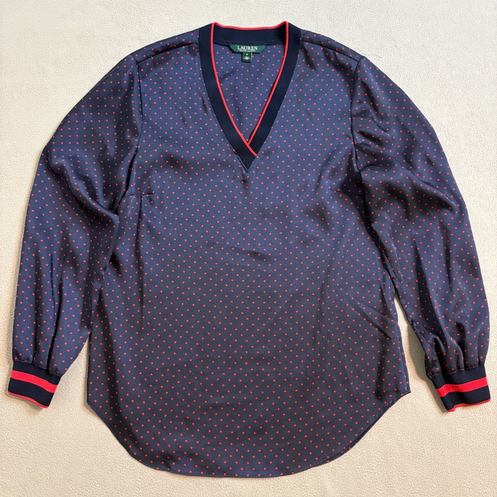 Lauren Ralph Lauren Navy Red Polka Dot V-Neck Blouse Long Sleeve Medium